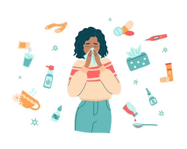 Vector illustration of Woman with runny nose and hanky surrounded by medicines
