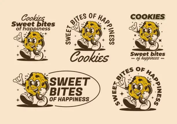 Vector illustration of Sweet bites of happiness. Mascot character of a walking cookies in retro style