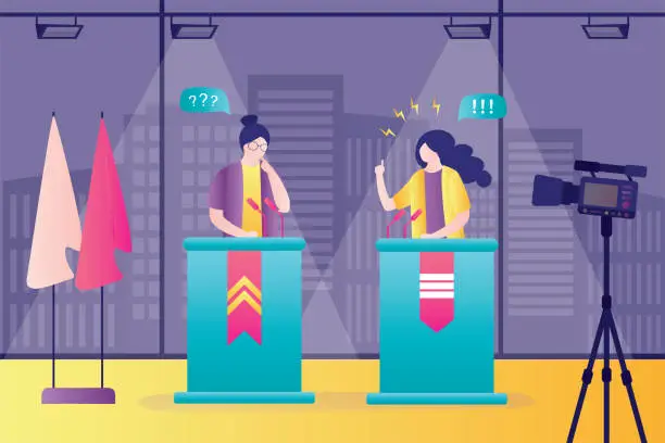 Vector illustration of Political talk show on TV, debates between women politicians before elections. Interior of studio with camera, tribunes and stage. Female speakers talking each other.