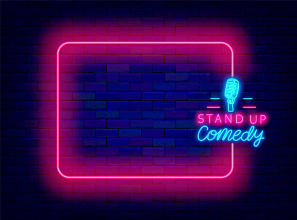 istock Stand up comedy neon invitation. Comic concert. Greeting card. Empty pink frame and typography. Vector illustration 2037299258