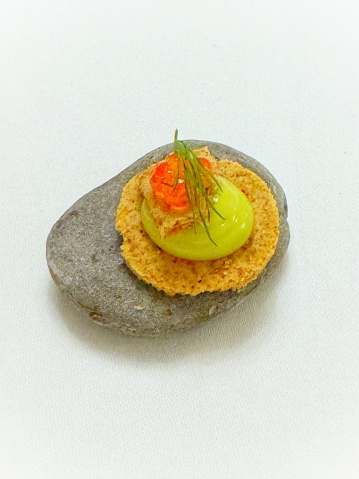 Amuse bouche of salmon roe avocado foam wheaten biscuit and dill served on a stone