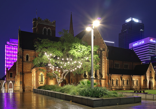 St George's Cathedral in Perth, Western Australia, on a wet rainy evening