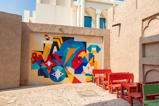 Dubai, United Arab Emirates - November 5, 2023: A picture of the Tomorrow mural at the Al Fahidi Historical Neighbourhood. Designed by Mark Barretto for the Sikka Art and Design Festival, in 2023.