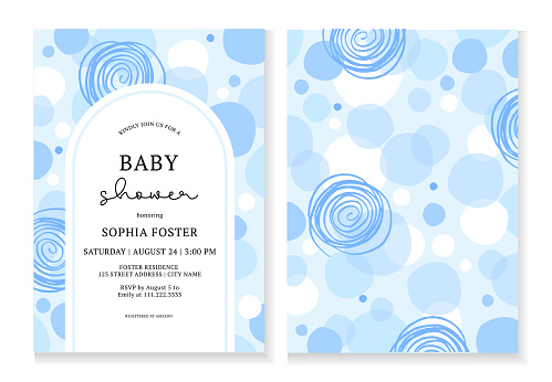 Baby Shower boy card design with abstract blue circles. It's a boy. Cute cards for baby shower, birthday, greetings, party invitation