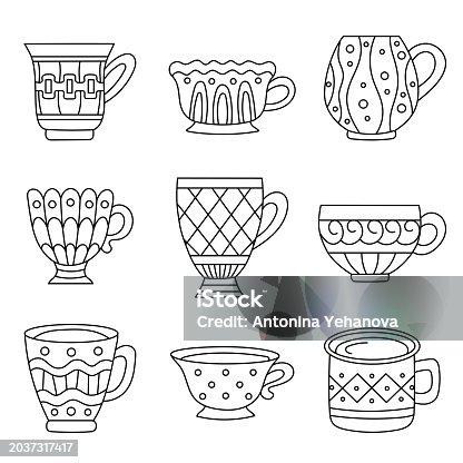 Set of cups elements in doodle style. Suitable for decorating cafes and shops.