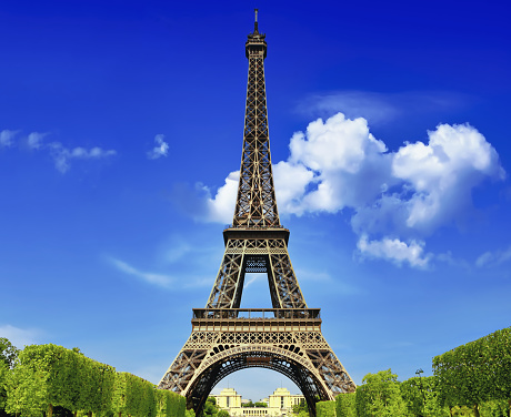 Eiffel Tower with blue sky . Classical Paris photo . France capital city. Esplanade du Trocadero, Paris