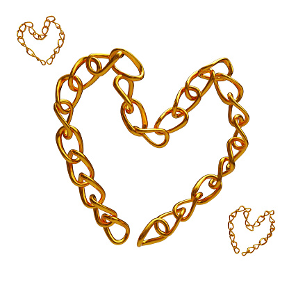 3d gold necklace linked chain valentine heart object on white background