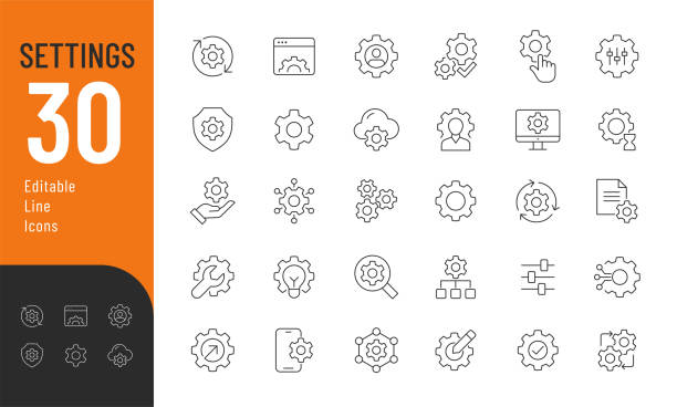 ilustraciones, imágenes clip art, dibujos animados e iconos de stock de conjunto de iconos editables de línea de configuración. - instalar