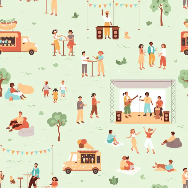 Vector illustration of Music festival seamless pattern with food and ice cream truck, people walking in public park, drinking and communicate.