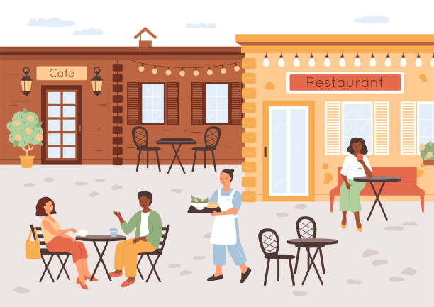 street restaurant. - front view happiness chair sitting stock illustrations