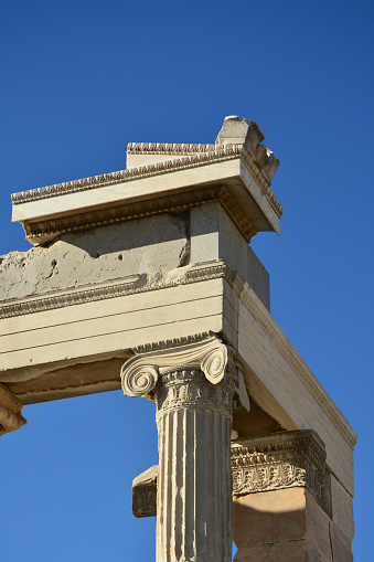 Ionic column and entablature of the Erechtheion, Acropolis of Athens, Greece