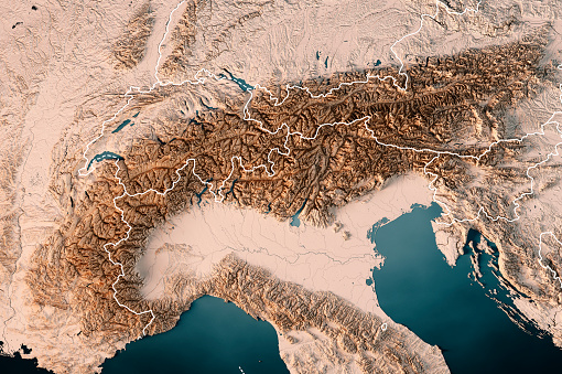3D Render of a Topographic Map of the European Alps Mountain Range with country borders.\nAll source data is in the public domain.\nColor texture: Made with Natural Earth. \nhttp://www.naturalearthdata.com/downloads/10m-raster-data/10m-cross-blend-hypso/\nCountry borders: Made with Natural Earth. \nhttps://www.naturalearthdata.com/downloads/10m-cultural-vectors/\nRelief texture and Rivers: NASADEM data courtesy of NASA JPL (2020).\nhttps://doi.org/10.5067/MEaSUREs/NASADEM/NASADEM_HGT.001 \nWater texture: SRTM Water Body SWDB:\nhttps://dds.cr.usgs.gov/srtm/version2_1/SWBD/