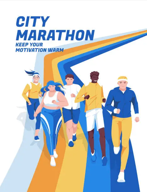 Vector illustration of Jogging people. Urban marathon advertising design concept. Active lifestyle and sports. Vector flat illustration