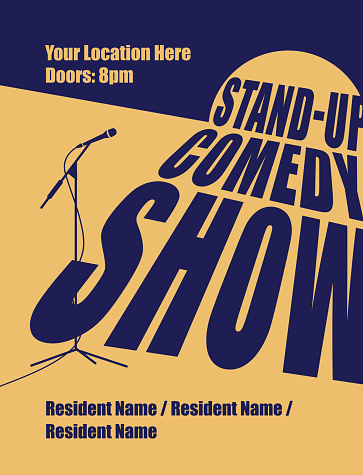 Standup comedy show poster. Light stage with microphone. Leaflet advertising. Big name. Vector flat illustration