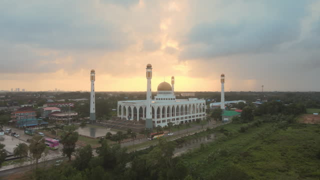 Aerial view of beautiful sunset sky at Central Mosque, Songkhla province, Southern of Thailand