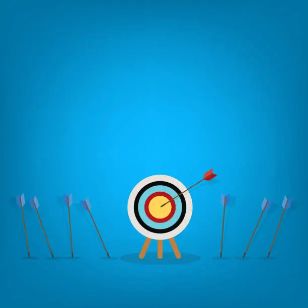 Vector illustration of Blue arrows missed hitting target and only red one hits the center. Business challenge failure and success concept.