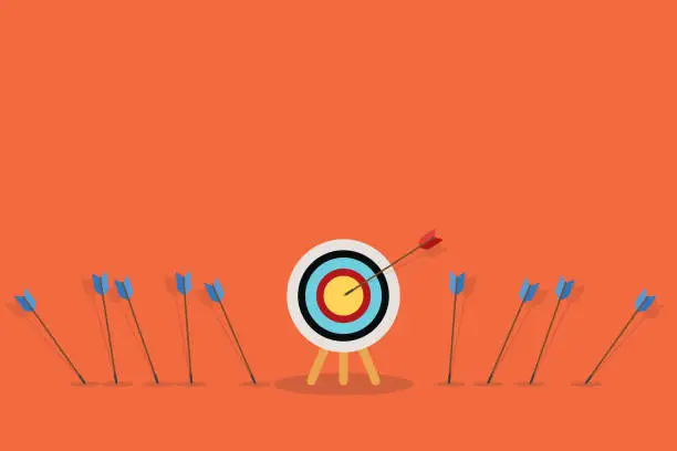 Vector illustration of Blue arrows missed hitting target and only red one hits the center. Business challenge failure and success concept.