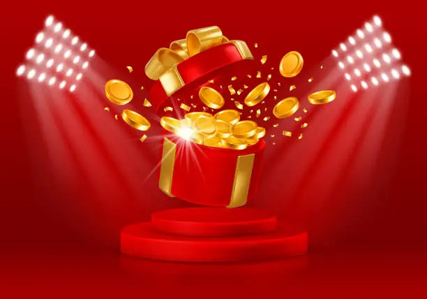 Vector illustration of Open Gift Box Gold Coins Explosion