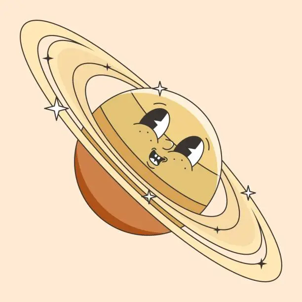 Vector illustration of Vintage planet Saturn character. Vector illustration in groovy style.