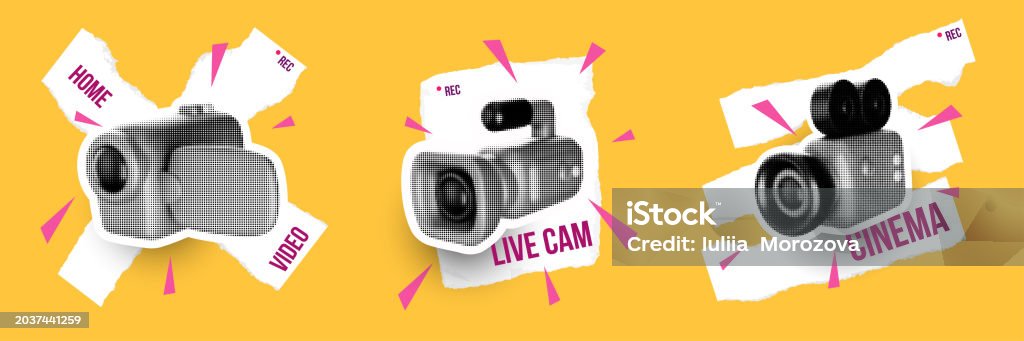 Camera Collage Background Set Modern Art Collage Composition With Video Camera And Decorative ...