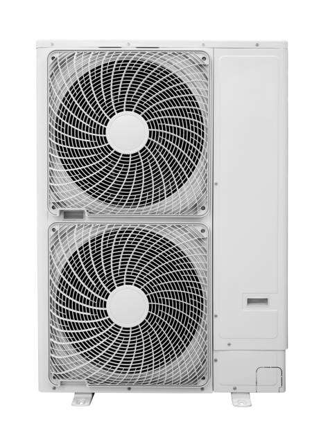 Large vertical outdoor double unit for split air conditioning system isolated on white background, Air conditioning Heat pump Inverter.