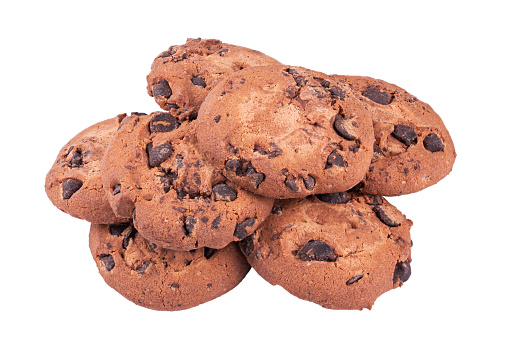 Chocolate chip cookie, isolated on white background. Sweet biscuits. Sweet dessert. File contains clipping path. Full depth of field.