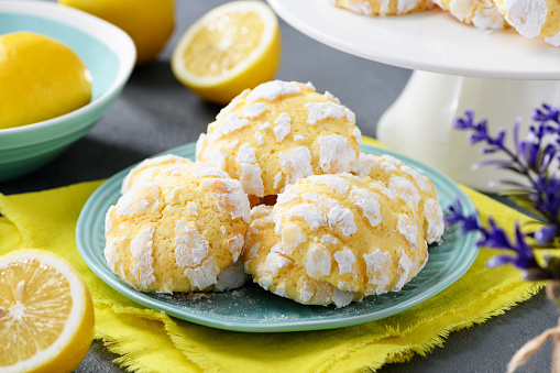 Homemade lemon crinkle cookies with powdered sugar icing