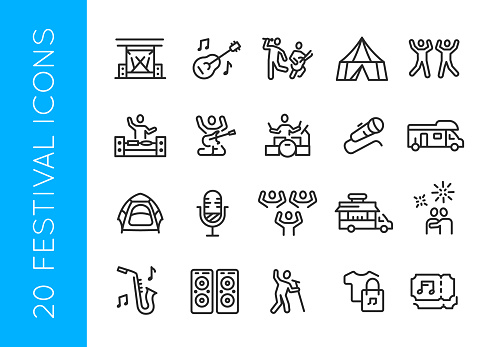 Festival, outdoors, event line icons  Celebration, party, holidays simple line icons on white background for mobile app, web, promotional and SMM. Editable stroke. Vector illustraton.