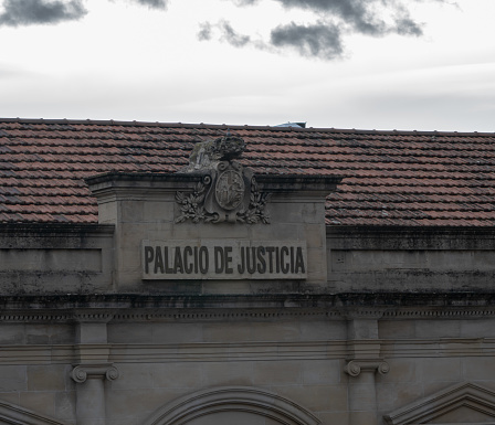 Logroño, Spain - feb, 24, 2024: La Rioja courthouse title and roof of old main building