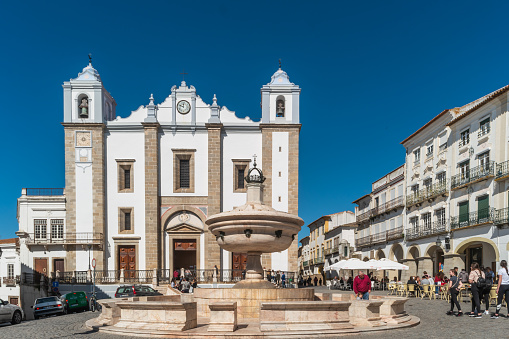 EVORA, PORTUGAL - CIRCA MARCH 2019: Giraldo Square (Praca do Giraldo) in Evora, Portugal. Evora is a UNESCO World Heritage Site.