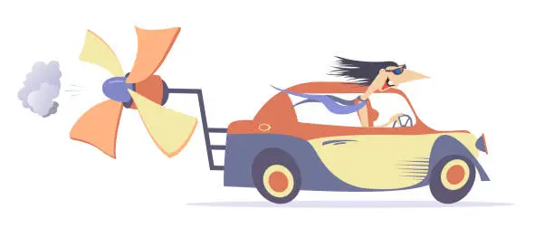 Vector illustration of Man rides a car with propeller. Ecologically clean transport