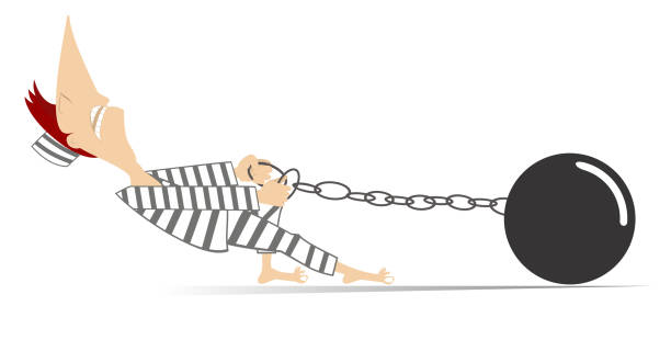 Prisoner with an iron ball chained to his foot Cartoon prisoner pulls an iron ball chained to his foot. Isolated on white background political joke stock illustrations