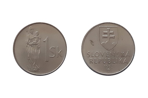 1 Korúna 1993 year on white background. Coin of Slovakia. Obverse The Slovak shield above the country name, which is above the date with the mintmark and designer initial below. Reverse Gothic wooden sculpture of the Madonna with child and the designer's initial underneath the sculpture with the denomination 1 Sk to the right