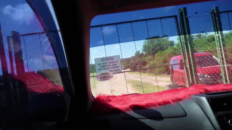 Safari in off-road vehicle entering through fence gate