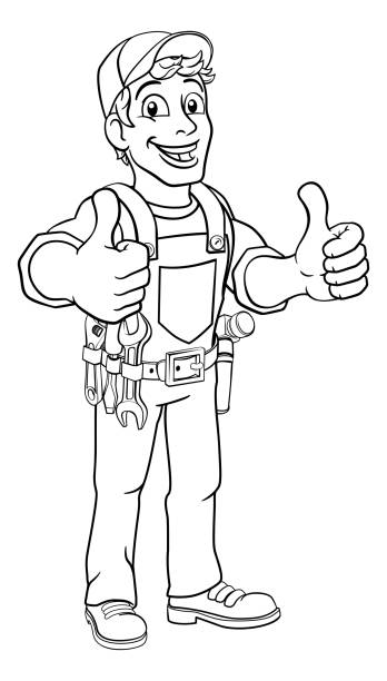 illustrations, cliparts, dessins animés et icônes de handyman cartoon caretaker construction man - thumbs up repairman human thumb electrician