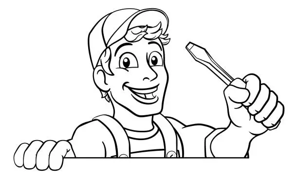 Vector illustration of Electrician Cartoon Handyman Plumber Mechanic