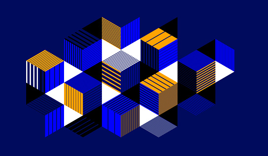 Dark blue vector abstract geometric background with cubes and different rhythmic shapes, isometric 3D abstraction art displaying city buildings forms look like, op art.