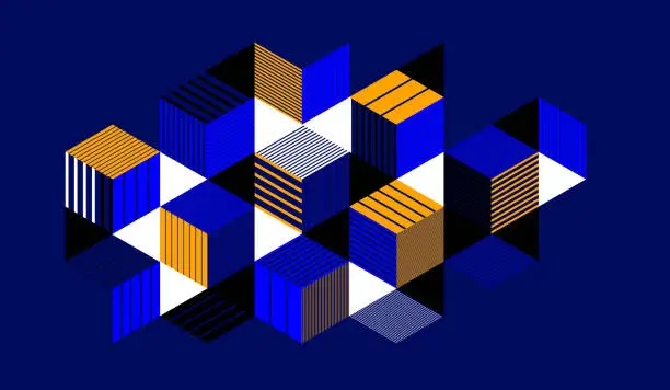 Vector illustration of Dark blue vector abstract geometric background with cubes and different rhythmic shapes, isometric 3D abstraction art displaying city buildings forms look like, op art.