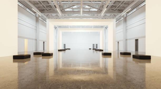istock Open space large gallery interior with white walls in row and soft seats 2037559495