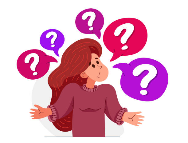 ilustrações de stock, clip art, desenhos animados e ícones de young woman having a doubt and question, vector illustration of a person who is hesitating and thinking about some problem, decide uncertainty. - question mark asking illustration and painting curiosity