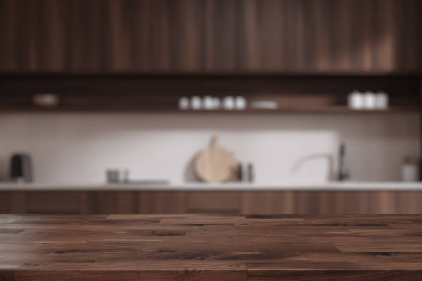 istock White and wooden kitchen with product display desk 2037562662