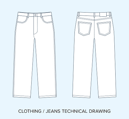 Editable Line Art Vector of Classic Denim Jean Pants, Isolated Background. Detailed Black & White Clothing Schematics, Two Sides of Garment, Front and Back Designs.