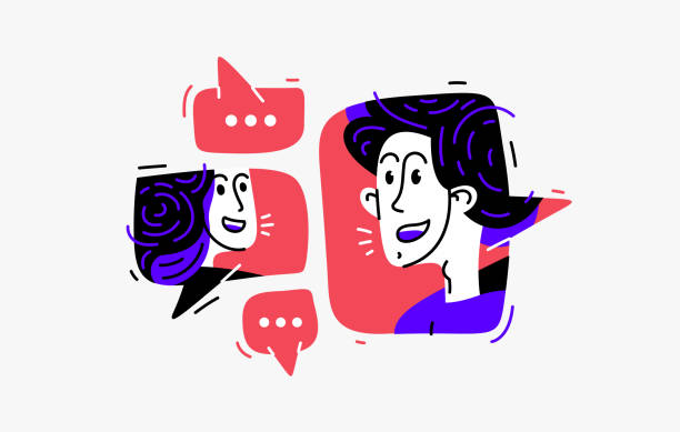 istock Two people talking online via some messenger with speech boxes, vector illustration of online video dialog, couple in speech bubbles. 2037563221