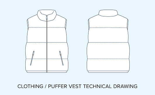 Editable Line Art Vector of Puffer Sleveless Vest, Isolated Background. Detailed Black & White Clothing Schematics, Two Sides of Garment, Front and Back Designs.
