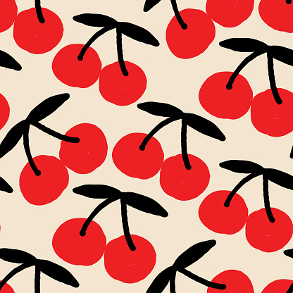 Hand drawn cherry fruit seamless pattern. Pattern swatch ready in vector color swatch panel. Can be used for textile, fabric print, wallpaper-decor, wrapping paper, home decor, clothing. banner, cover, cards and more