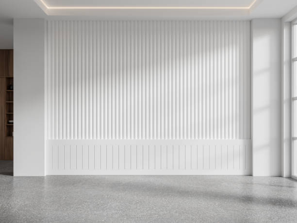 istock Stylish empty home living room interior with white wall and panoramic window 2037567973
