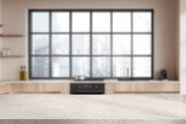 istock Stone counter on background of kitchen interior with panoramic window. Mockup 2037574808