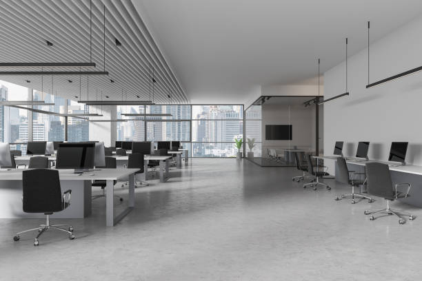istock Stylish office interior with coworking and conference room, panoramic window 2037575843