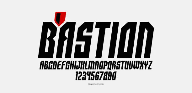 Vector illustration of Urban italic massive geometric font for logos and emblems, minimal strong vector typeface, typography with no round elements, only corners and straight lines geometry.