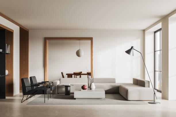istock White and wooden living room interior with sofa 2037578542